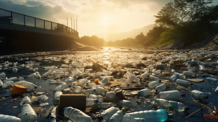 Polluted river in plastic bottles. Poor culture of consumption to achieve the progress of modern civilization gives a negative impact on the surrounding nature. Ecological catastrophe. - obrazy, fototapety, plakaty