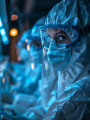 Dedicated chemical engineers in full protective gear engaged in critical experiments surrounded by advanced chromatographs highlighting the rigor and safety protocols inherent in chemical research - obrazy, fototapety, plakaty