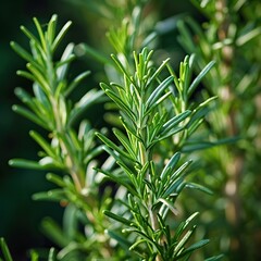 Fresh rosemary on a green background. Close-up. Selective focus. A close-up photograph of a vibrant rosemary plant, capturing the fragrant leaves and woody stems. The soft natural light 