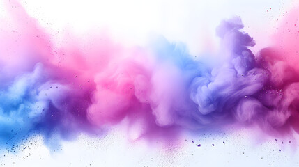 Freeze motion of colorful powder explosion on light background. Holi celebration, festival of colors. Colored cloud, dust, gulal powder. Abstract texture for banner, poster, card, wallpaper