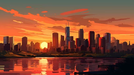 Photo sur Plexiglas Skyline A vector illustration of a modern skyline at sunset.