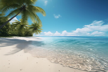 Island Paradise - Palm trees hanging over a sandy white beach with stunning blue waters