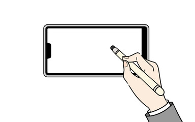 横向きのスマホをタッチペンで操作するスーツの女性の手
