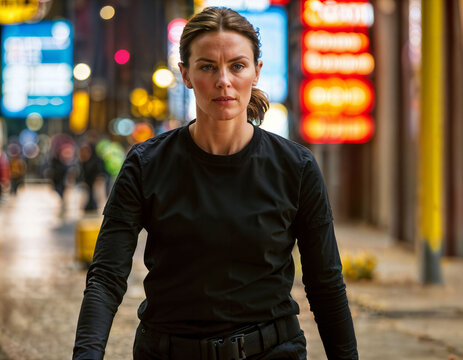 photo of beautiful woman as a undercover agent wearing black long sleeve shirt and tactical pant, generative AI