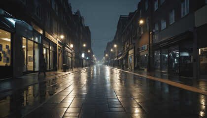 Fototapeta na wymiar Night city life, wet sidewalks, dark buildings, illuminated street lights