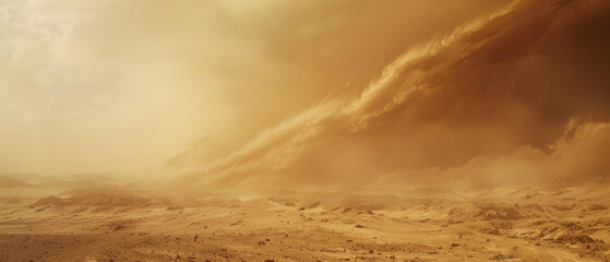Golden sands sweep across a vast desert under a brooding, dramatic sky.