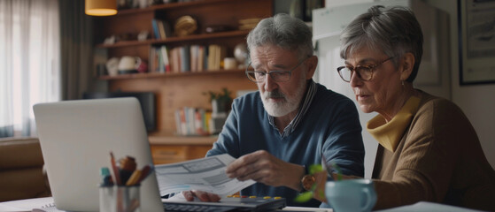 Mature couple concentrating on finances with paperwork and laptop at home.