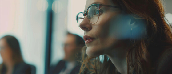 Pensive businesswoman deeply focused amidst office projections. - obrazy, fototapety, plakaty