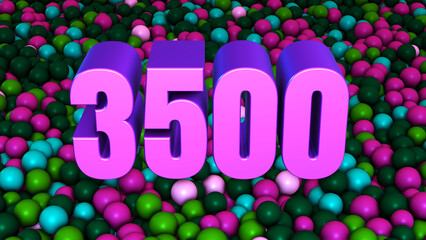 Close Up View Number 3500 3D Extrude On Green Purple Colorful Ball Pit Balls Background 3D Rendering
