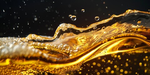 dynamic movement of a golden liquid creating a splash as it collides against an invisible surface, with bubbles and droplets suspended in the air.
