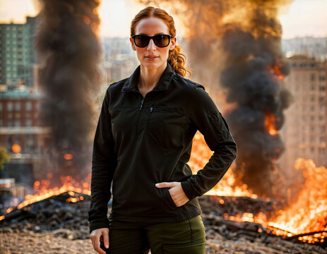 photo of beautiful woman as a undercover agent wearing black long sleeve shirt and tactical pant with fire and smoke city in danger scene, generative AI