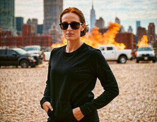 photo of beautiful woman as a undercover agent wearing black long sleeve shirt and tactical pant with fire and smoke city in danger scene, generative AI