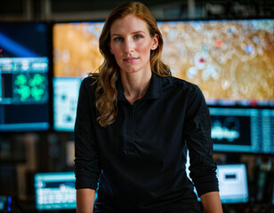 photo of beautiful woman as a commander agent wearing black long sleeve shirt and tactical pant with monitor and screen in control command room, generative AI