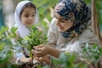 Fototapeta premium mother and daughter planting tree in a forest