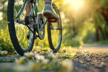 child leg ride a bicycle in a park