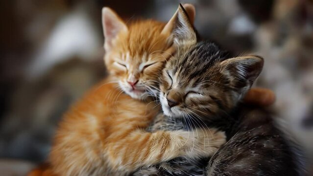 Two cute cuddling kittens, ginger and striped kitty