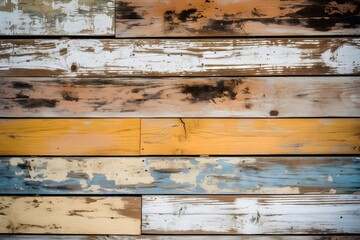 Old wooden planks wallpaper texture, rough, vintage, pastel colors orange and blue banner