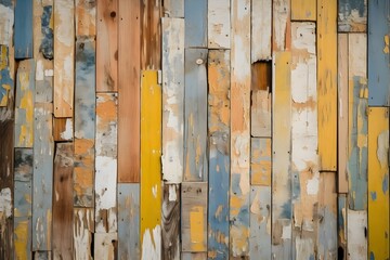 Old wooden planks wallpaper texture, rough, vintage, pastel colors orange and blue banner