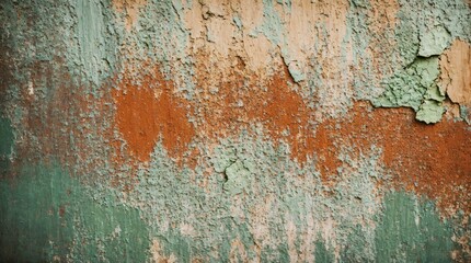 Tattered wall with orange and blue paint peeling layers 