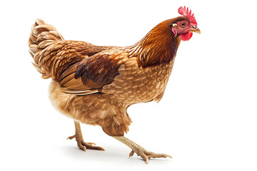 Fototapeta premium Running chicken hen on white background. Neural network generated image. Not based on any actual scene or pattern.