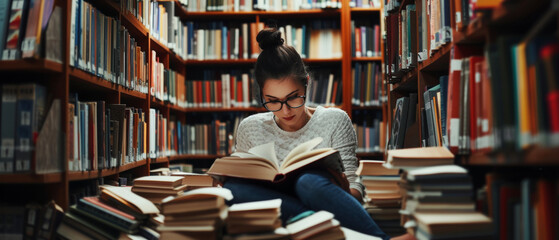 A young woman engrossed in a book amidst a library's vast collection.