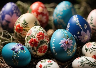 Close-up view of decorated lovely flower designs easter eggs 