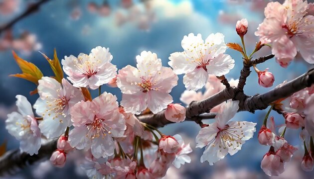 close up photo of cherry blossoms blooming under the blue sky and white clouds beautiful spring season scenery sakura flowers are representative of japanese flowers