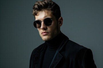 Obraz premium Stylish man in sophisticated attire with round sunglasses exuding confidence and modern elegance against a cool gray background - AI generated
