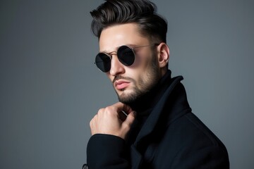 Fototapeta premium Stylish man in sophisticated attire with round sunglasses exuding confidence and modern elegance against a cool gray background - AI generated