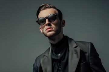 Obraz premium Stylish man in sophisticated attire with round sunglasses exuding confidence and modern elegance against a cool gray background - AI generated