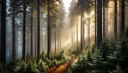 misty coniferous forest backlit by the rising sun - obrazy, fototapety, plakaty