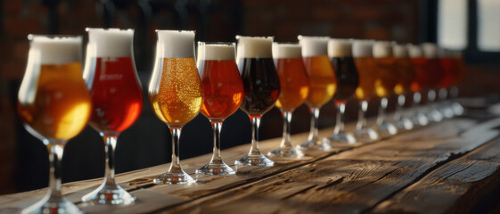 A row of assorted beer glasses showcases a variety of brews on a wooden bar. - obrazy, fototapety, plakaty