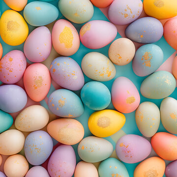 Lots of colorful vivid pastel Easter eggs with gold patterns are laid full of the entire area of image on a green background.