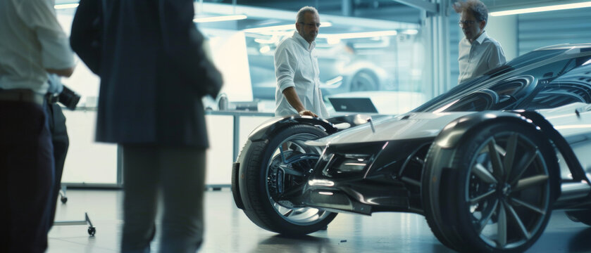 Engineers discuss technical details over a sleek futuristic car design in a modern facility.