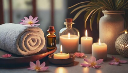 Obraz na płótnie Canvas aromatherapy atmosphere of relax serenity and pleasure concept of spa treatment in salon natural organic essential oil towel burning candles anti stress detox procedure wellness banner