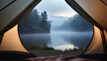 view from the tent of the foggy river in the morning camping meeting the dawn on the lake