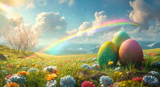 Spring meadow with a rainbow of Easter eggs