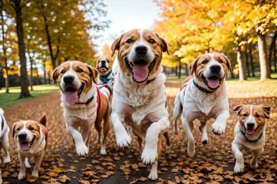 Three happy dogs gleefully running through the colorful autumn leaves 