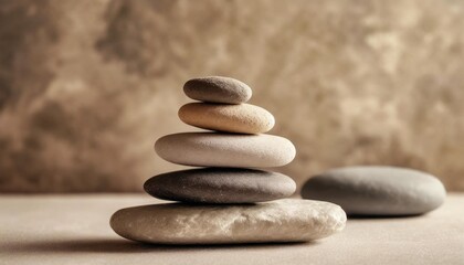 Fototapeta na wymiar spa balance meditation and zen minimal modern concept stack of stone pebbles against beige wall for design and presentation