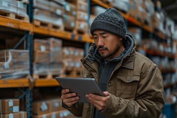 A man with a cap uses a tablet in a warehouse for engineering work