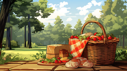 A vector illustration of a picnic scene with a basket.