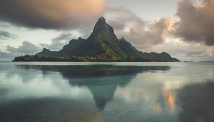 view of the mont otemanu mountain reflecting in water at sunset in bora bora french polynesia south pacific - obrazy, fototapety, plakaty