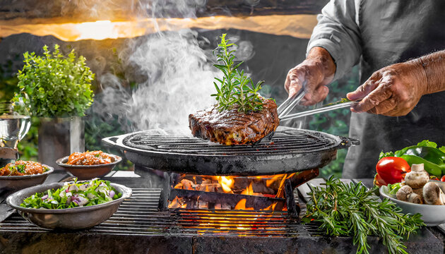 CHURRASCO: CARNE BOVINA GRELHADA NA CHURRASQUEIRA AO AR LIVRE EM UM CONCEITO DE REUNI&Atilde;O DE FAMILIA OU AMIGOS