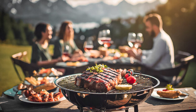 CHURRASCO: CARNE BOVINA GRELHADA NA CHURRASQUEIRA AO AR LIVRE EM UM CONCEITO DE REUNI&Atilde;O DE FAMILIA OU AMIGOS