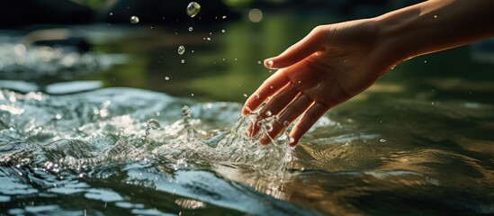 hand touching water in the river