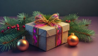new year christmas mood gift box branches of a christmas tree new year decorations on a colored background