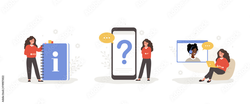 Aufkleber customer support. female characters ask questions, get answers, and read user manual. faq concept. o