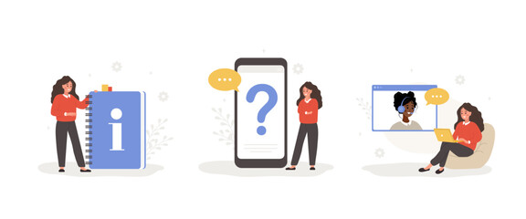 Customer support. Female characters ask questions, get answers, and read user manual. FAQ concept. Online help service. Set of vector illustration in flat cartoon style.