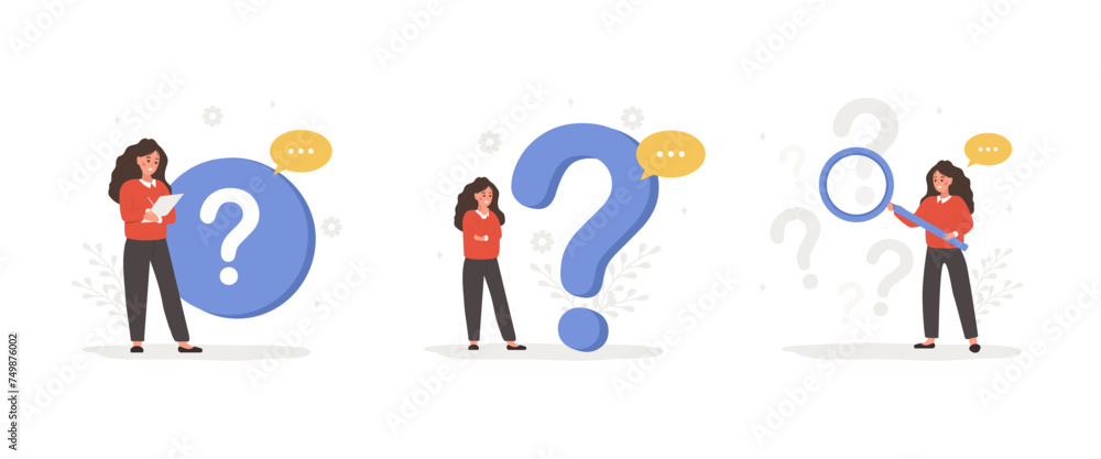 Aufkleber faq concept. women ask questions and receive answers. customer support. set of vector illustrations 