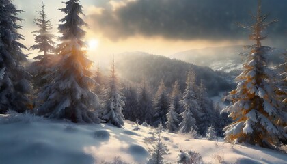 winter landscape in fir tree forest covered snow and sun shines through snow covered spruce carpathian mountains - obrazy, fototapety, plakaty